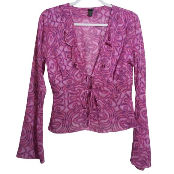 Wild Fable Pink Swirl Bell Sleeve Sheer Tie Front Retro Festival Top Size M - Picture 1 of 8